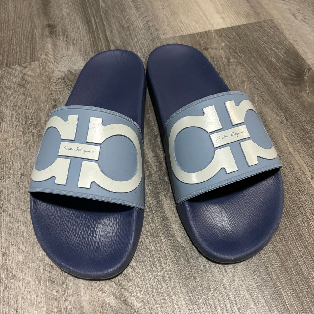 Salvatore Ferragamo Blue and White Slides